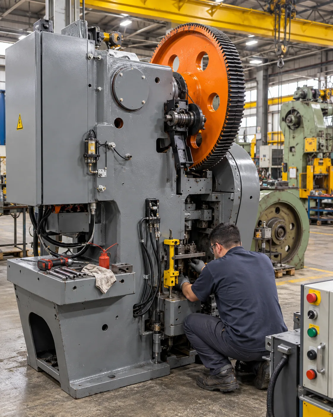 Técnico realizando manutenção em prensa industrial